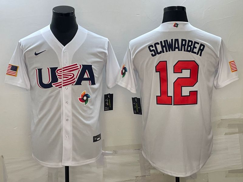 Men 2023 World Cub USA 12 Schwarber White Nike MLB Jersey11